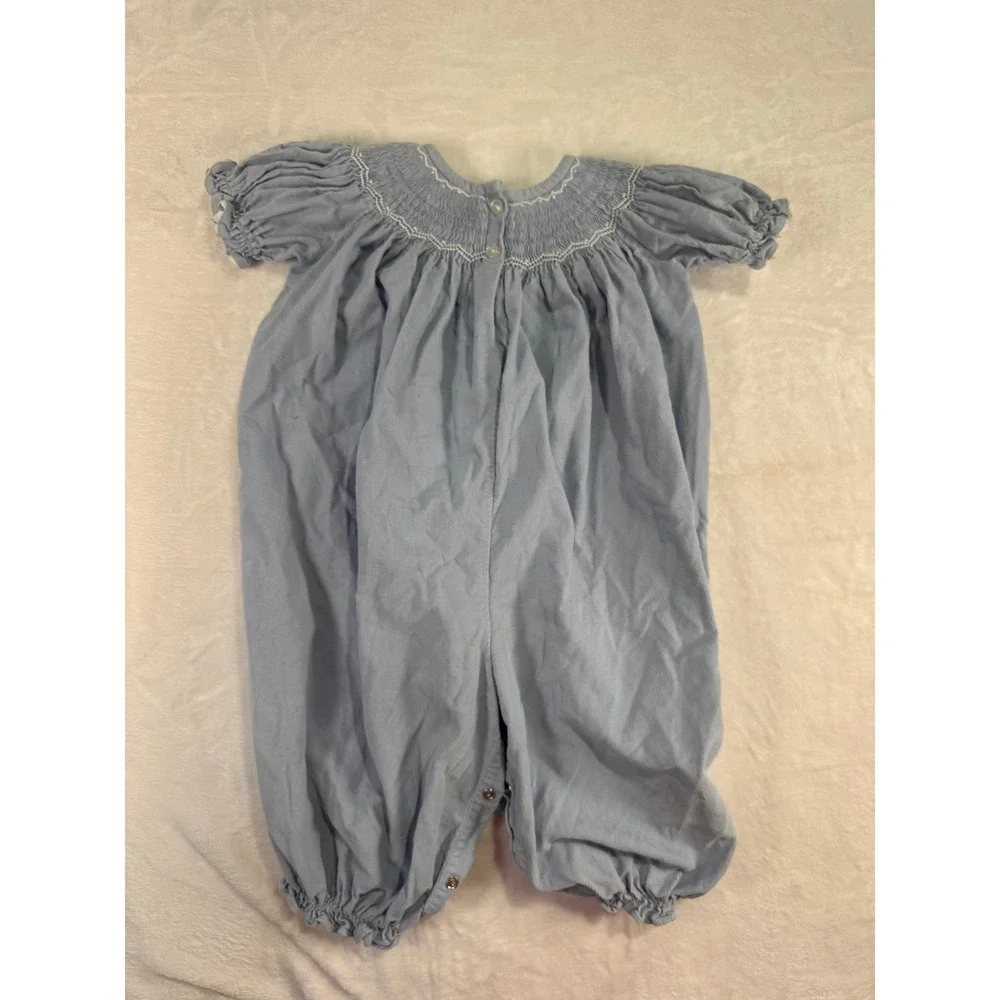 Shrimp & Grits Kids Smocked Bubble Romper 24M Blue Snowflake Corduroy Baby Girl